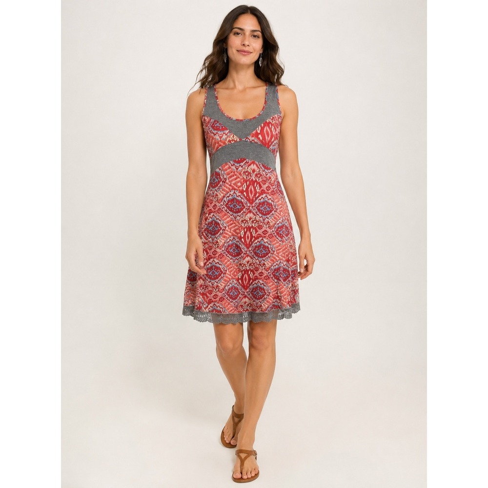 Sundance Womens Sleeveless Ikat Medallion Lace Trim‎ Knit Dress Size 4 Red Gray